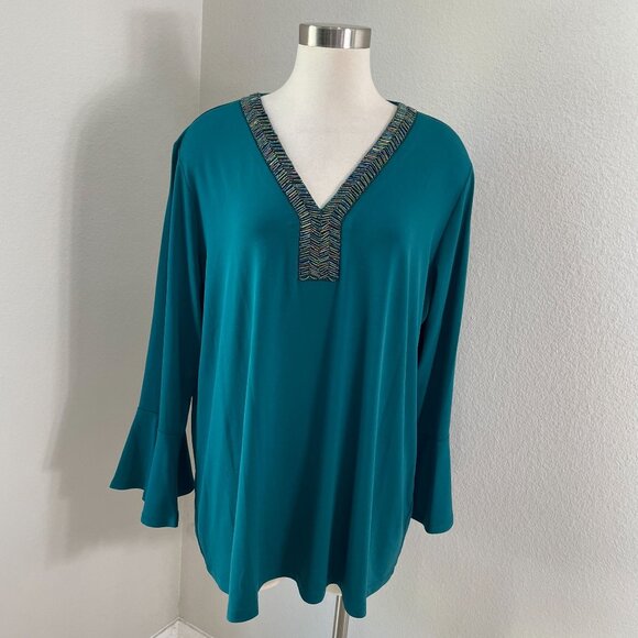 Susan Graver Artisan Womens Plus 2X Teal Beaded V Neck Tunic Top Liquid Knit - Picture 1 of 13